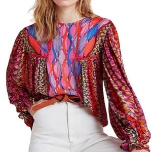 Anthropologie BI-nk Miranda Peasant Blouse Abstract Leopard Watercolor Size XS